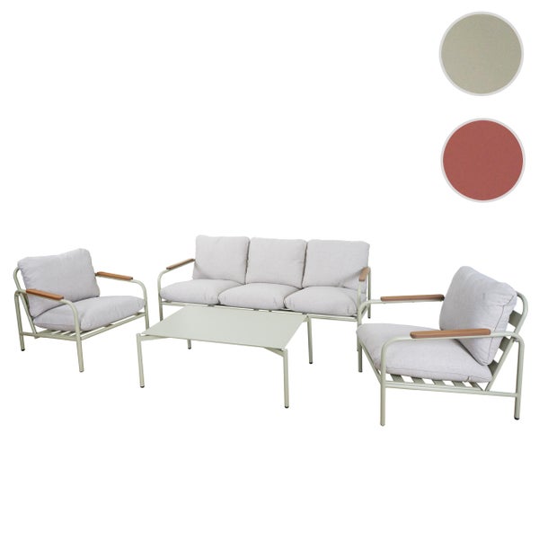 Garten-Lounge-Set mit Drei-Sitzer-Sofa, zwei Sesseln und Tisch, Metallgestell, Holz-Armlehnen und Polstern. In weiteren Farben erhältlich.
