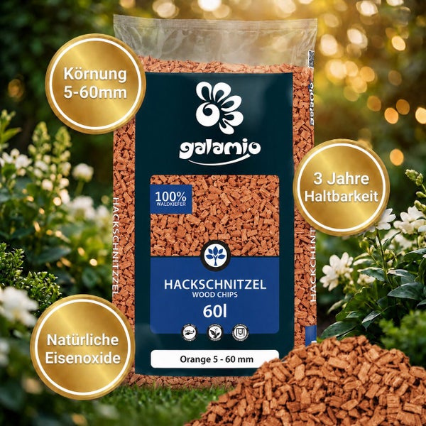 Ein Sack Galamio Hackschnitzel aus Waldkiefernholz mit 60 Litern Inhalt, 5 bis 60 Millimeter Körnung und 3 Jahren Haltbarkeit.