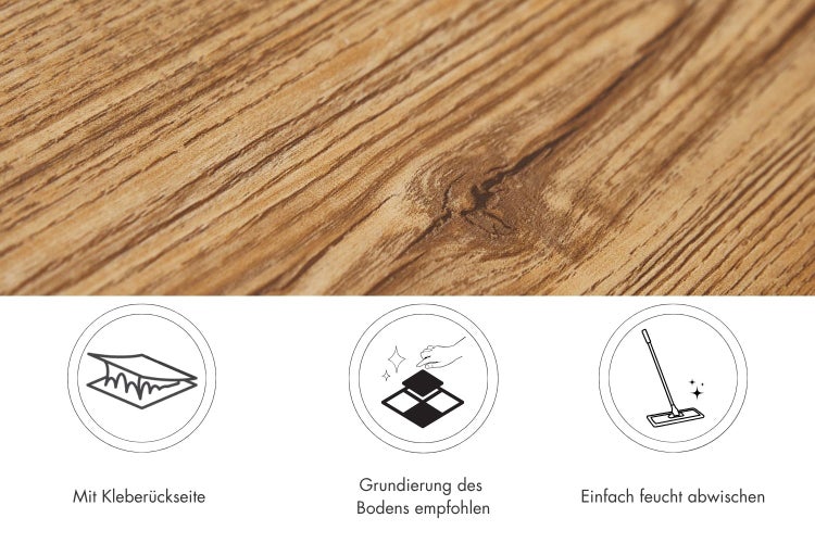 Holzbodenbelag in Holzoptik mit selbstklebender Rückseite, Grundierung empfohlen und feucht abwischbar.