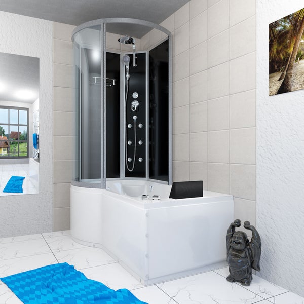 Moderne Duschbadewanne-Kombination in einem hellen Badezimmer mit Glaskabine, Massagejets und weißer Wanne.