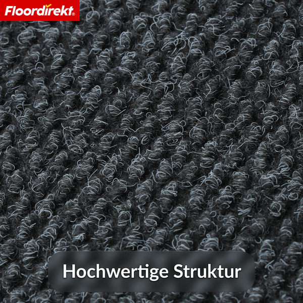 Detailansicht der hochwertigen, gerippten Schlaufenstruktur einer Bodenmatte mit Floordirekt Logo.
