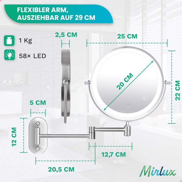 Mirlux Make Up Spiegel mit LED Beleuchtung, Kosmetikspeigel 10x Vergrößerung Wandspiegel rund Chrom