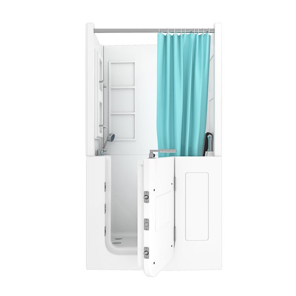 Barrierefreie Duschbadewanne mit offener Tür und Duschvorhang