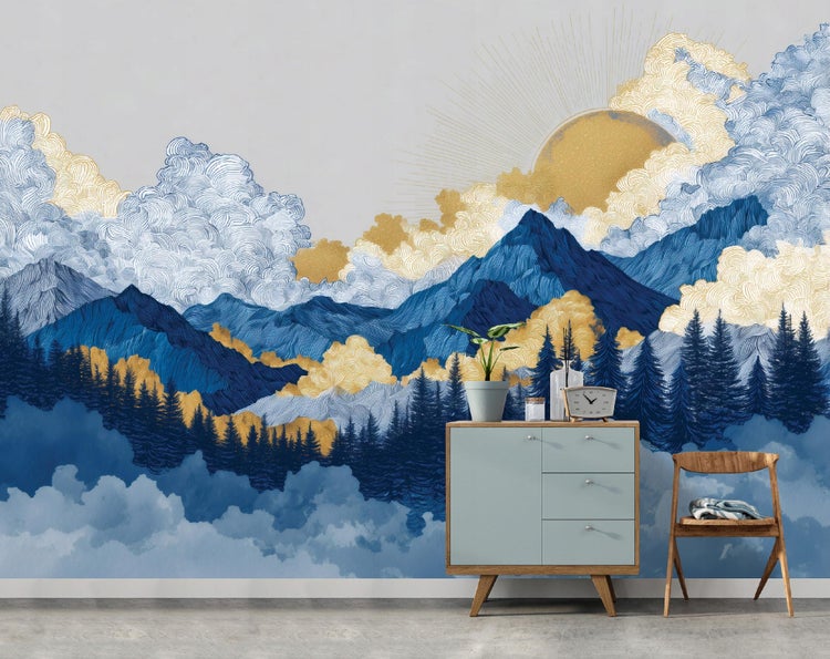 Wohnraum mit gemusterter Tapete, Sideboard und Stuhl