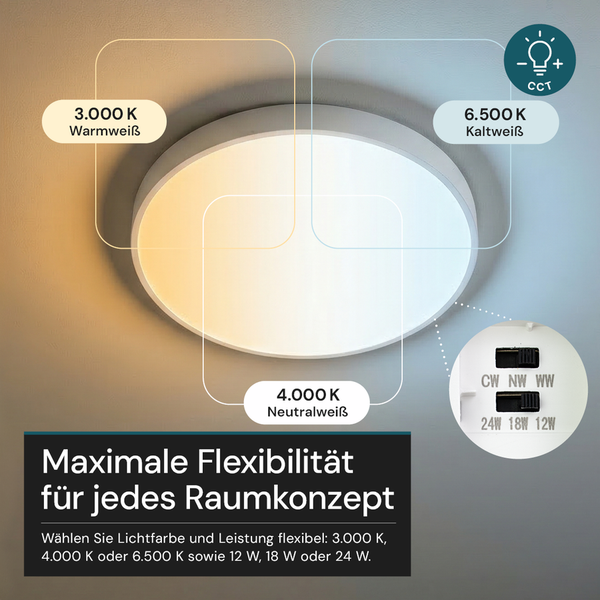 LED-Deckenleuchte mit wählbarer Farbtemperatur von 3.000, 4.000 oder 6.500 Kelvin sowie einer Leistung von 12, 18 oder 24 Watt.