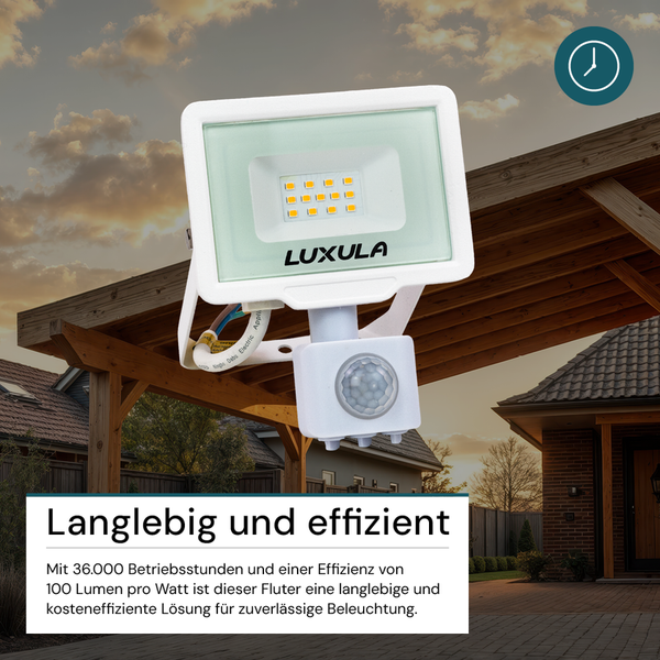 Luxula Logo auf LED-Flutlichtstrahler mit Bewegungsmelder