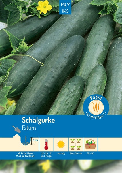 Samentüte für Schälgurke Fatum mit Abbildung von Gurken, Blättern, Blüte, Pabst Keimkraft Logo und Symbolen zu Aussaat, Standort und Ernte.