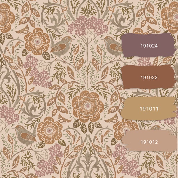 Tapetenmuster mit Blumen, Blättern und Vögeln