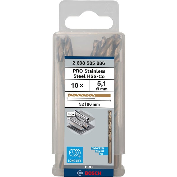 Bosch Pro Edelstahl Stahlbohrer HSS-Co Set, 10 Stück, Durchmesser 5,1 mm