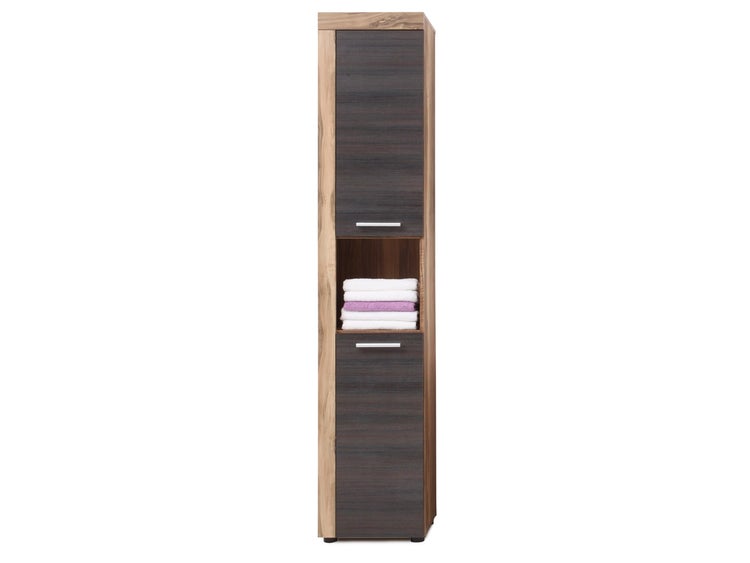 CancunBoom Bad Hochschrank 2 Türen, 1 offenes Fach Nussbaum Dekor, Touchwood Dekor. 36 X 31 X 184 cm