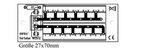 Onpira Verteiler W2x12 für Modelleisenbahn, Abmessungen 27 mal 70 Millimeter, mit Schaltplan.