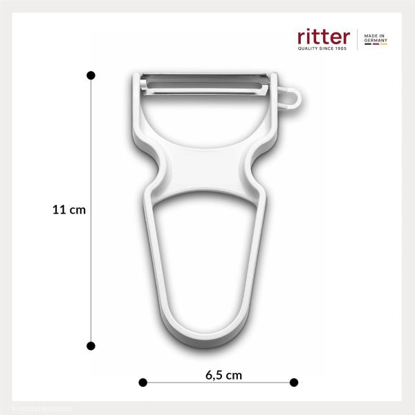 Ritter Sparschäler aus Kunststoff mit Metallklinge, Maße 11 mal 6,5 Zentimeter, ritter Logo, hergestellt in Deutschland.