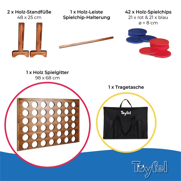 Lieferumfang von Toyfel Holz Vier Gewinnt Spiel im Großformat inklusive Standfüßen, Spielgitter, zweiundvierzig Spielchips und Tragetasche