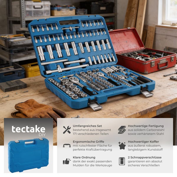 171-teiliger Werkzeugkoffer von tectake auf Werkbank mit Ratschen, Steckschlüsseln und Bits aus Karbonstahl in blauem Koffer. tectake DIY Logo.