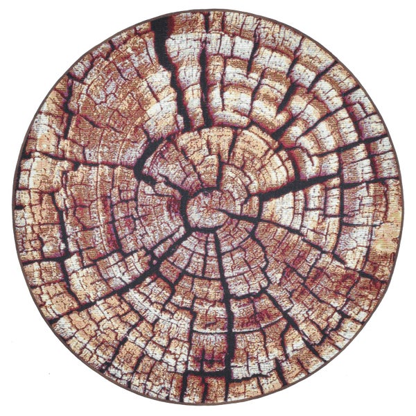 Runder Teppich mit Baumstamm-Muster und Jahresringen.