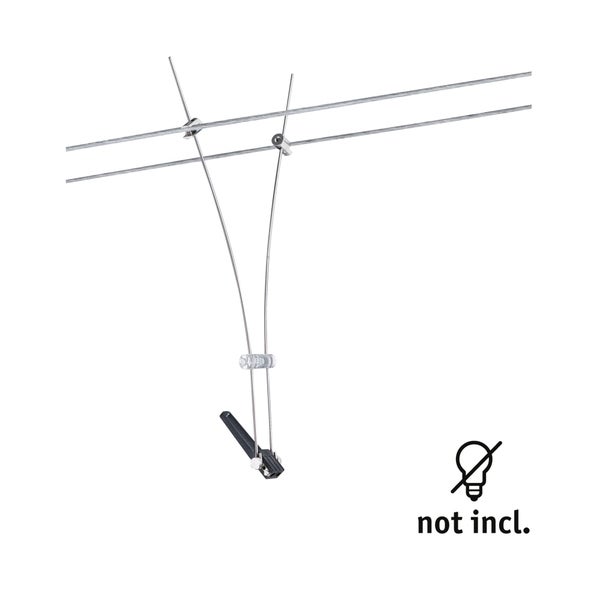 Pendelleuchte für ein Seilsystem aus verchromtem Metall, Höhe 300 Millimeter und Breite 62 Millimeter.