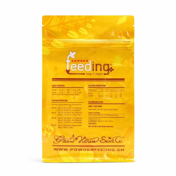 Pulverförmiger Dünger in gelber Verpackung für lang blühende Pflanzen von Powder Feeding.