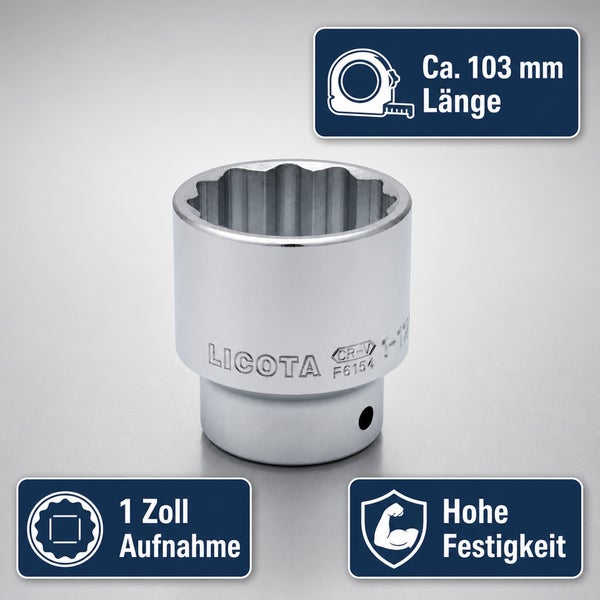 Licota Steckschlüsseleinsatz aus Chrom-Vanadium-Stahl mit 1 Zoll Aufnahme und circa 103 Millimeter Länge für hohe Festigkeit.