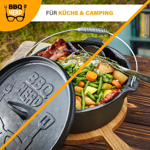 BBQ-Nerd Dutch Oven Starter 5,5L mit Ständer| bereits eingebrannt - preseasoned | Gusseisen Feuertopf, Bräter mit Deckel inkl. Deckelheber | Feuerfester Grill & Camping Kochtopf, Grilltopf