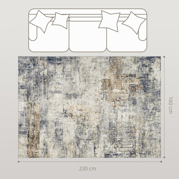 Rechteckiger Teppich mit abstraktem Muster, Maße 160 mal 230 Zentimeter, Größenvergleich mit einer Sofa-Illustration.