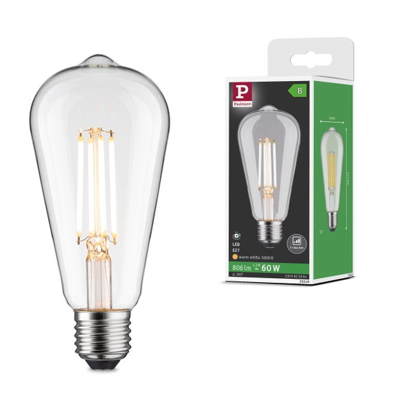 Paulmann LED Leuchtmittel E27 mit 4,3 Watt, 806 Lumen und warmweißer Lichtfarbe mit 3000 Kelvin inklusive Verpackung.