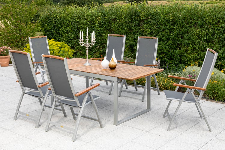 Siena Gartenmöbelset 7tlg., Klappsessel, Ausziehtisch 150 (200) x 90 cm, silber/schwarz