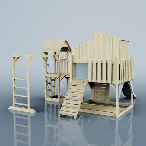 Spielturm aus Holz mit Rutsche, Kletterwand und Schaukel