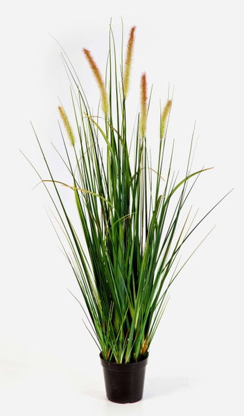 Vier künstliche Ziergräser in verschiedenen Höhen in schwarzen Kunststofftöpfen mit naturgetreuen Blütenständen.