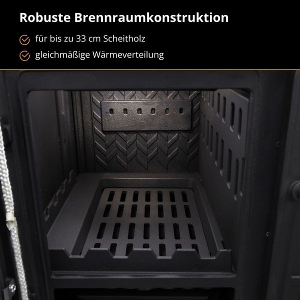 Robuste Brennraumkonstruktion eines Kaminofens für Scheitholz bis zu 33 Zentimeter mit gleichmäßiger Wärmeverteilung.