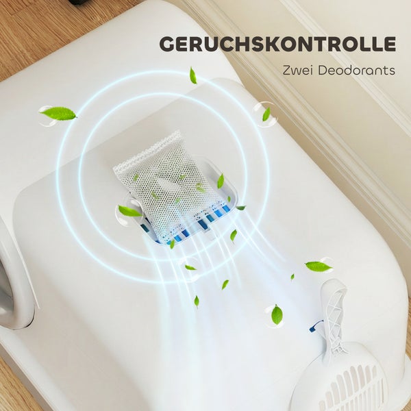 Katzentoilette mit integrierter Geruchskontrolle durch zwei Deodorants in einem Netzbeutel auf dem Deckel.
