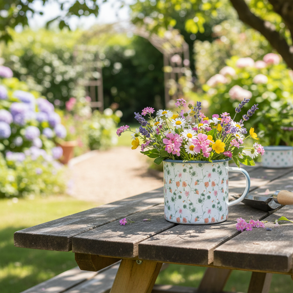 Strauß aus Wildblumen in einem gemusterten Emaillebecher auf einem Holztisch in einem hellen, sonnigen Garten.