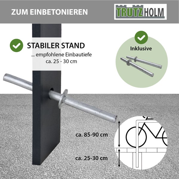 Trutzholm Fahrradständer zum Einbetonieren mit Maßangaben und Hinweisen zur Einbautiefe