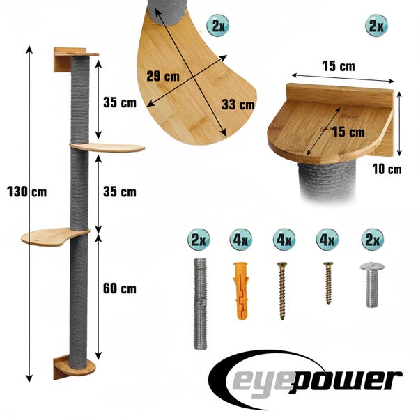 Wandkratzbaum von eyepower mit Kratzstämmen, Holzplattformen und Montagematerial, Gesamthöhe 130 Zentimeter mit detaillierten Maßangaben.