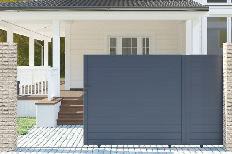 Schiebetor 3m EIGER H.180cm graues Aluminium + 2 Pfosten 20x20cm H.190cm