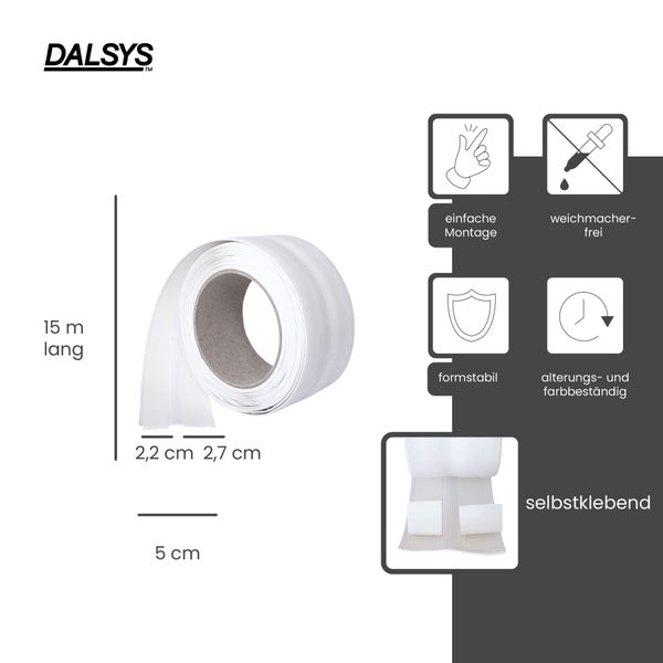 Dalsys Logo. Rolle weißes, selbstklebendes Wandabschlussband, 15 Meter lang, 5 Zentimeter breit. Einfache Montage, weichmacherfrei, formstabil.