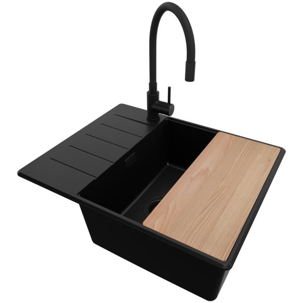 PRIMAGRAN Granitspüle Alles Schwarz 62x50cm, Spülbecken 1 Becken + Küchenarmatur 40x38cm + Ablauf-Set + Schneidebrett, Küchenspüle ab 50er Unterschrank - Kopenhagen