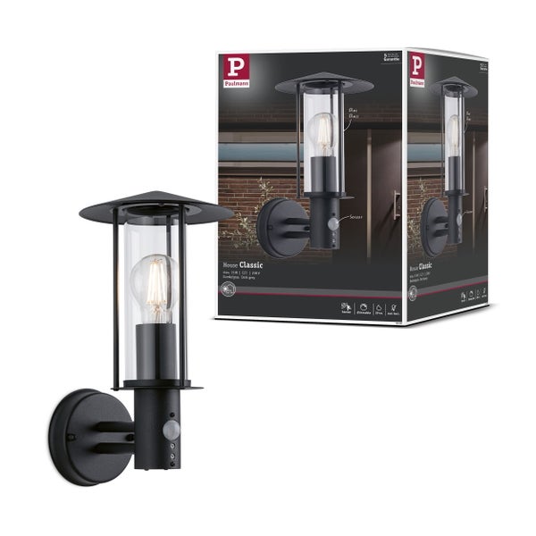 Außenwandleuchte Classic Dämmerungsgesteuerter Bewegungsmelder (IR) IP44 173mm max. 15W 230V Dunkelgrau Metall, Glas
