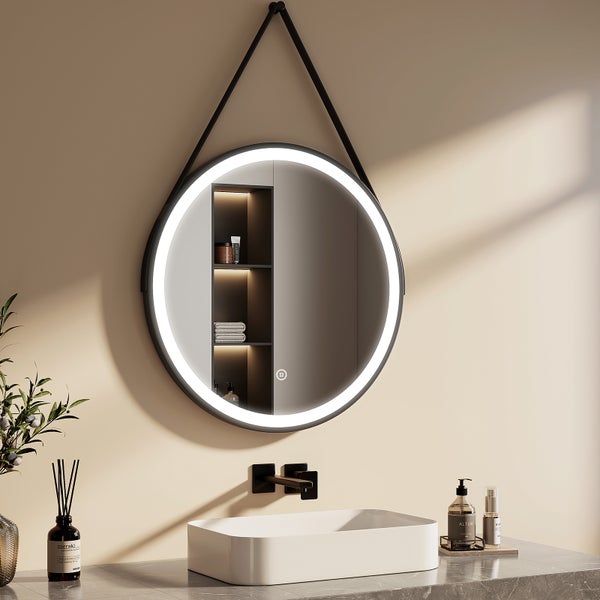 EMKE LED Badspiegel mit Beleuchtung Ø70 cm rund, Touchschalter, kaltweiß, IP44, kupferfreier Silberspiegel für Bad