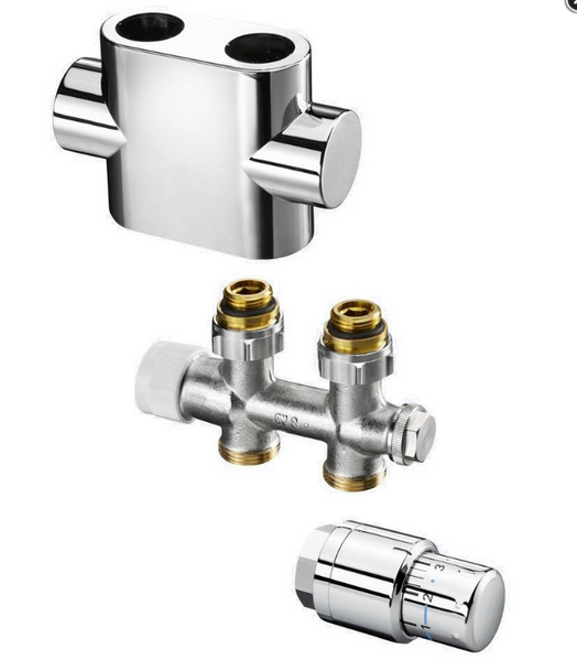 Heizkörper-Anschluss-Set in Chrom bestehend aus Thermostatkopf, Ventilblock und Abdeckung.