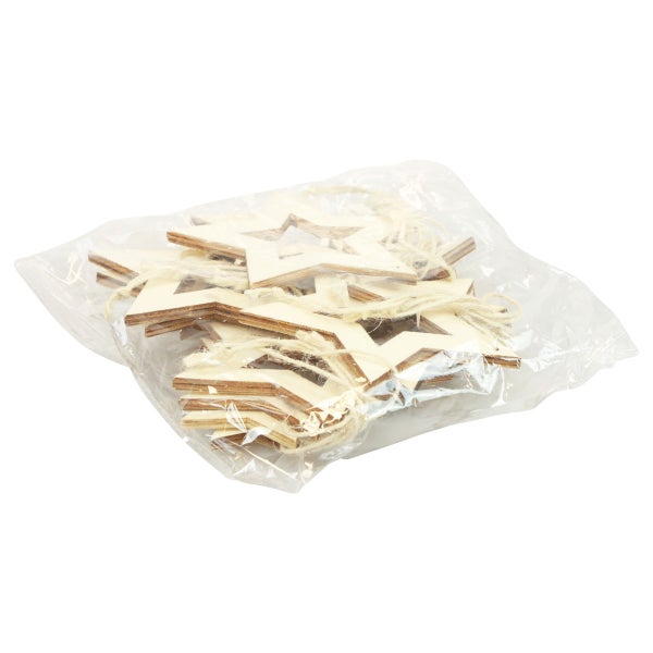Packung Holzsterne mit Kordel in Plastikverpackung