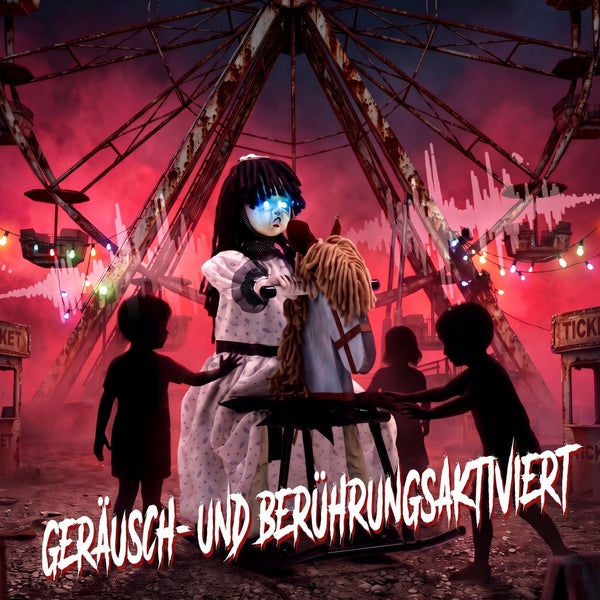 Animierte Gruselfigur in Form eines Mädchens auf einem Schaukelpferd vor einem Riesenrad, geräusch- und berührungsaktiviert.