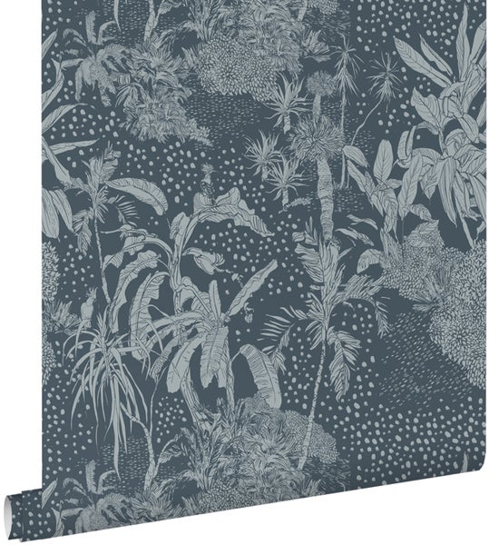 ESTAhome Tapete tropische Blätter Graublau - 50 x 900 cm - 139892