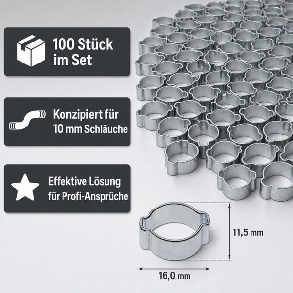 Set mit 100 Schlauchschellen aus Metall, geeignet für 10 Millimeter Schläuche, Maße 16,0 Millimeter mal 11,5 Millimeter.