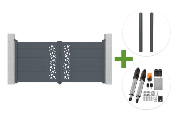 Zweiflügeliges Einfahrtstor aus Aluminium in Grau mit Dekorpaneelen, inklusive zwei Pfosten und elektrischem Torantrieb-Set.