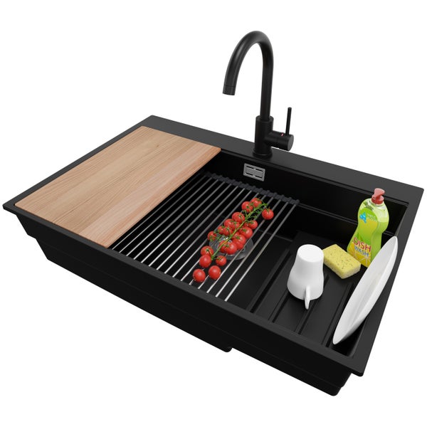PRIMAGRAN Granitspüle Schwarz 78x53cm, Spülbecken 1 Becken + Küchenarmatur 32x20cm + Ablauf-Set + Küchenzubehörset, Küchenspüle ab 80er Unterschrank - Oslo Max