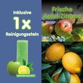 Inklusive 1x Reinigungsstein mit Apfel-Zitrone-Duft, Abbildung von Äpfeln und Zitronen.