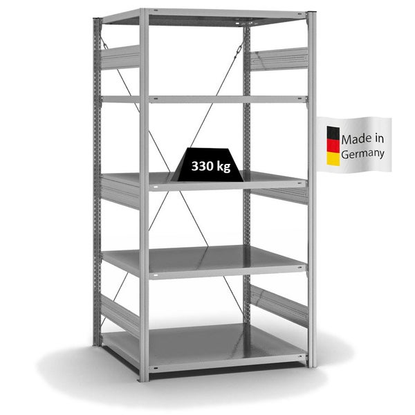 PROREGAL Fachbodenregal Stecksystem T-Profil Heavy-Duty Grundregal HxBxT 200 x 100 x 80 cm 5 Ebenen Fachlast 330 kg Einseitig Nutzbar Verzinkt