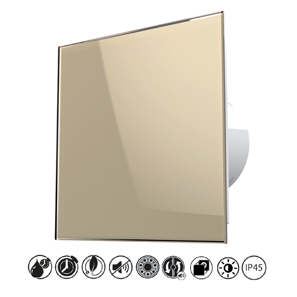 Badlüfter mit goldfarbener Glasfront, Feuchtigkeitssensor, Timer, kugelgelagert, Rückschlagklappe, geräuscharm und Schutzart IP45.