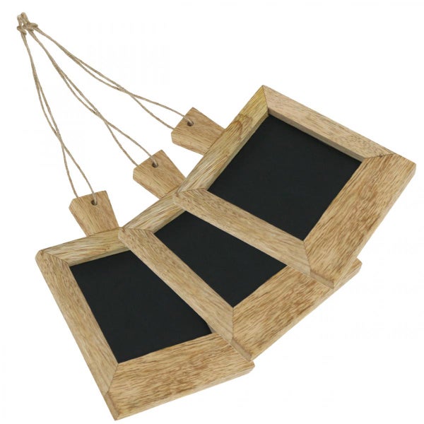 Drei Mini-Tafeln aus Holz mit Aufhängeschnur