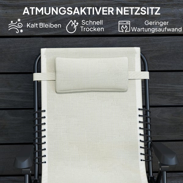 Outsunny Sonnenliege klappbar Gartenliege mit Kopfkissen, Liegestuhl mit 5-Fach verstellbare Rückenlehne, wetterfeste Campingliege, Gartenstuhl bis 120 kg belastbar, für Garten Outdoor Strand, Beige